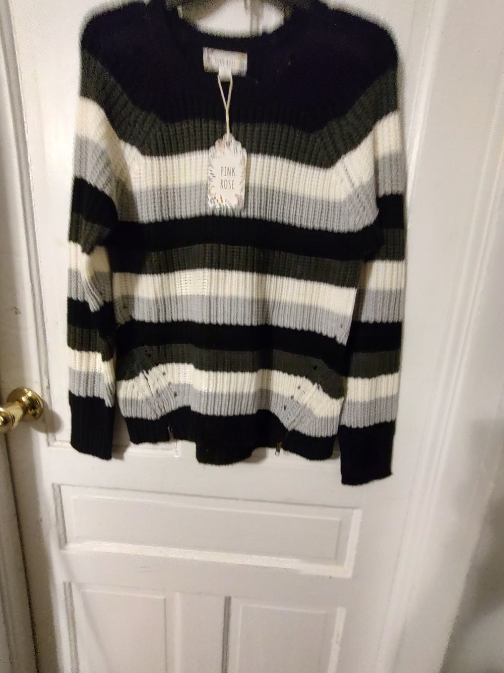 Pink Rose Men’s Striped Crewneck Sweater - Black, White & Olive